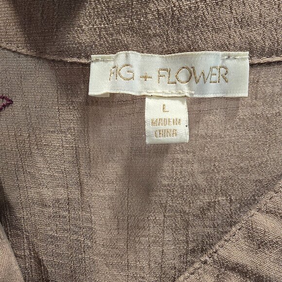 Fig & Flower Flowy Brown Dress Size Large Embroidered Paisley Sea Shell Buttons - Picture 3 of 12